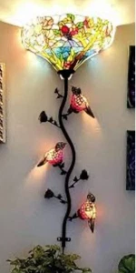 Wall Lamp Tiffany Style Stained Glass Wall Sconce Light Birds Vine Flowers Long - Picture 1 of 10