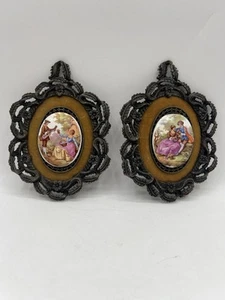 Antique Fragonard Signed Courting Couple Porcelain Medallion Framed Limoges Set - Picture 1 of 16