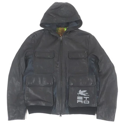 上好 ETRO 皮革夹克尼龙开关连帽衫黑色聚酯纤维男式 S — 第 1/4 张图片