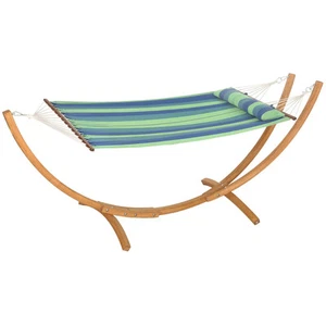 Hammock with Stand Triple-Head Eucalyptus Wood Arc Frame Cotton Bed Swing Garden - Picture 1 of 12
