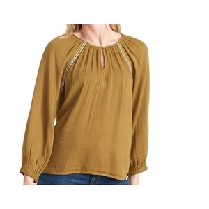 Old Navy Blouse Women L Golden Brown Relaxed Embroidered Stitch Boho Cottage Top - Picture 1 of 13