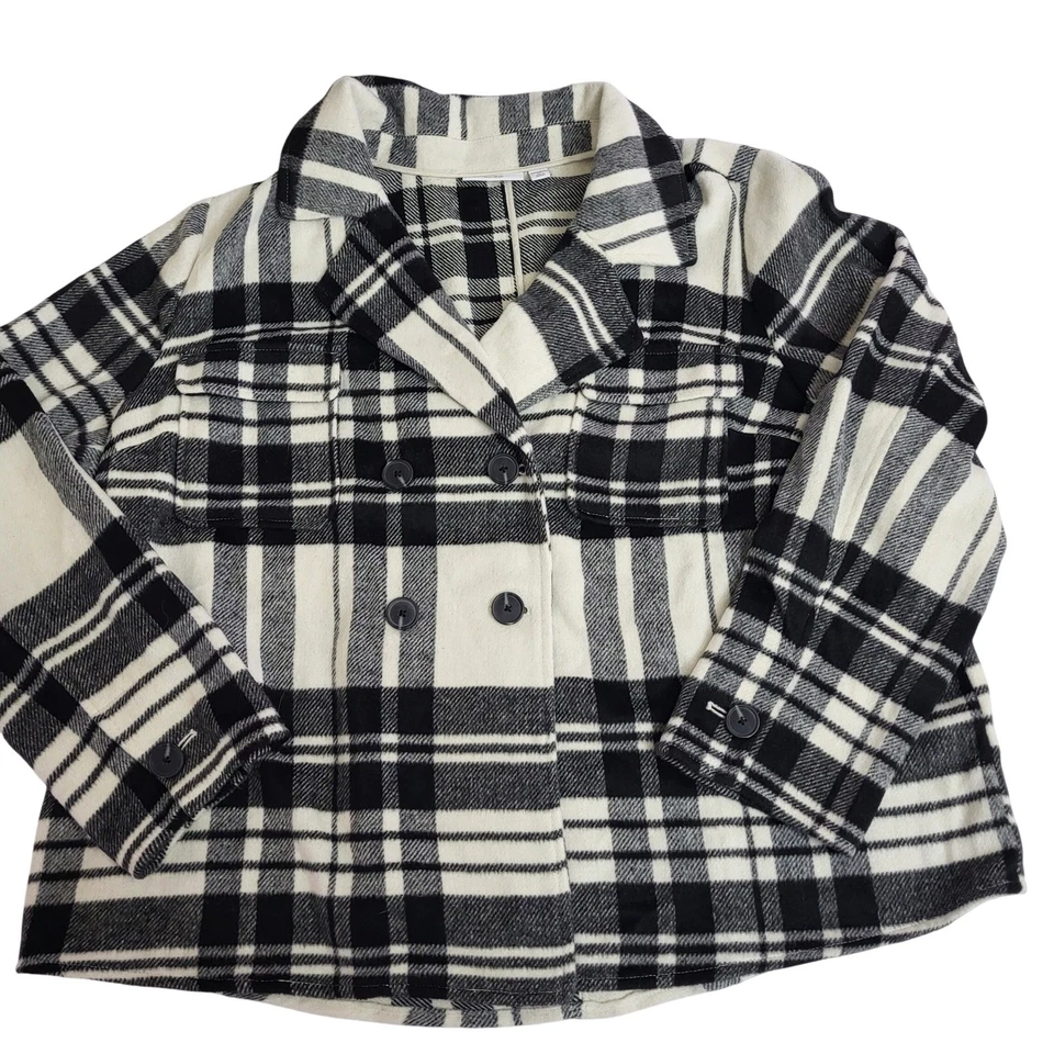 Флис клетку двубортный бушлат куртка Shacket 2 X черный белый повседневный шик - Изображение 1 из 4