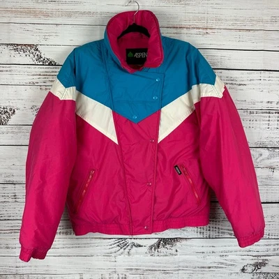 Abrigo de invierno acolchado de esquí cremallera completa bloque de color rosa azul ASPEN de colección años 80 XL Foto 1 de 4