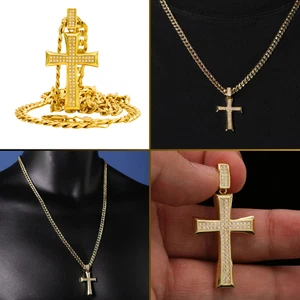 Colgante Cruz Santa Tono Oro 14k Helado + Cadena Bordillo Cubano Tono Oro 24" - Imagen 1 de 8