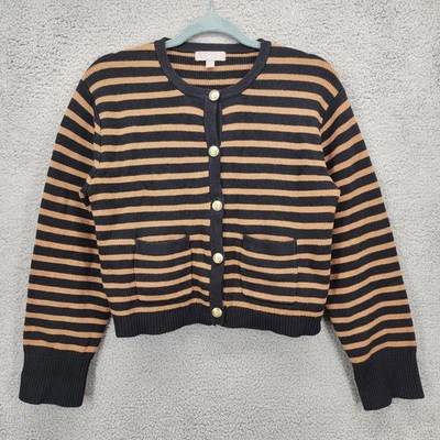 J Crew Striped Button Front Cardigan Sweater Black Tan Gold Button Pockets Small - Image 1 of 4