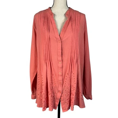 Túnica Top Soft Surroundings 3X Grande Glam Gasa Abotonada Mangas Largas con Pestaña Enrollable Foto 1 de 4