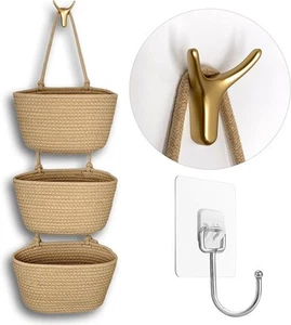 3-Tier Decorative Cotton Rope Hanging Basket, Wall-Mounted Woven Storage... - Picture 1 of 6
