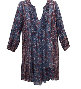 JOIE Tunic Dress Size S Blue Burgundy Silk Floral 3/4 Sleeve Split Neck Pleated - Picture 1 of 8