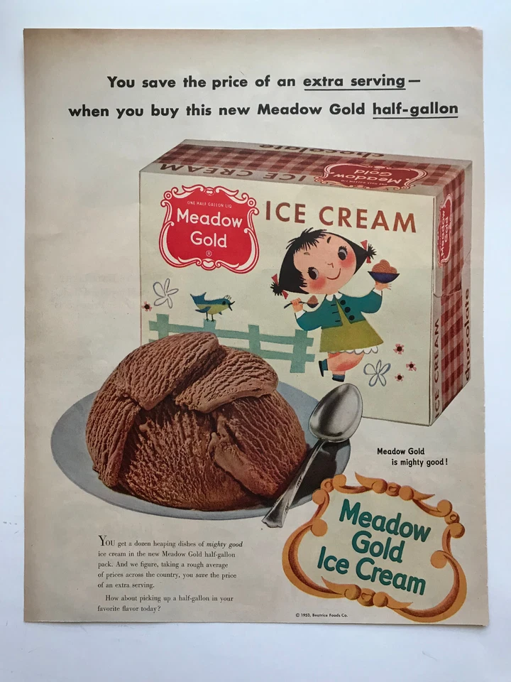 Meadow Gold Ice Cream 1953 anuncio impreso vintage paquete de medio galón porción adicional Foto 1 de 1