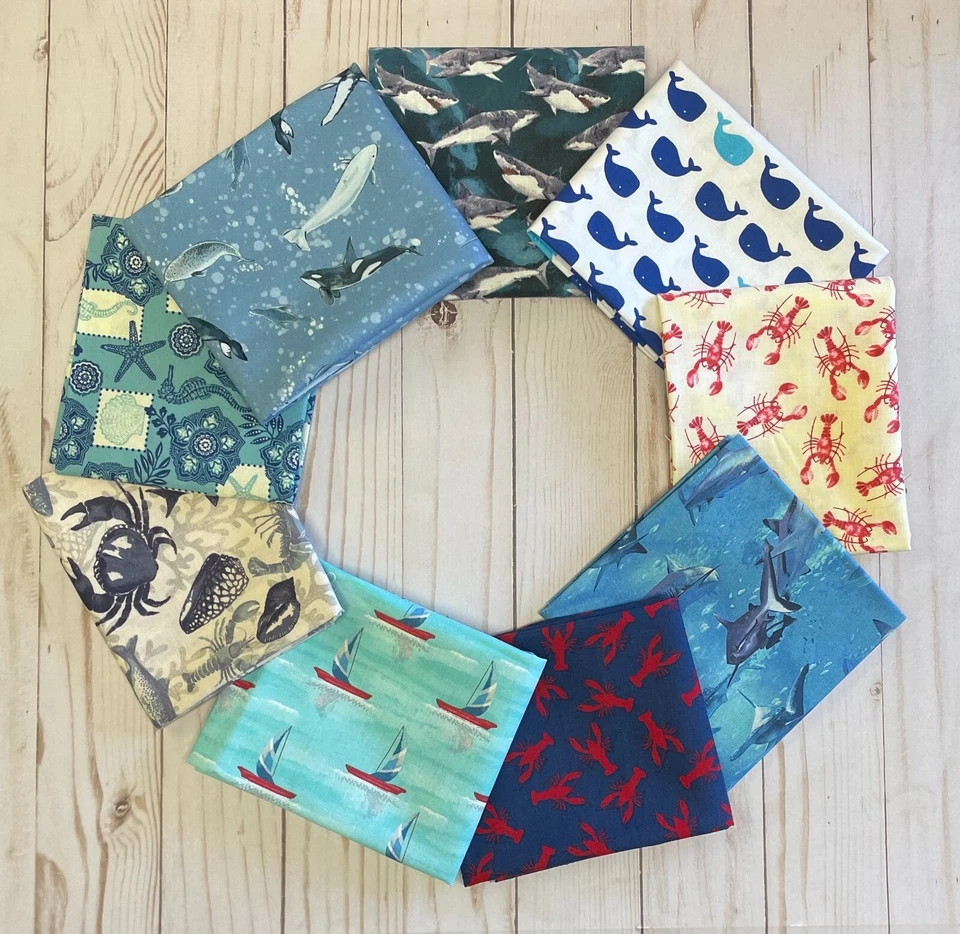 Ткань FQ Fat Quarter СДЕЛАЙТЕ СВОЙ СОБСТВЕННЫЙ НАБОР Marine Life Ocean 100% хлопок лоскутное одеяло НОВОЕ - Изображение 1 из 1