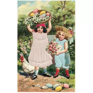 Beste Osterwünsche kleine Mädchen halten Blumen mit bunten Ostereiern Postkarte - Bild 1 von 2