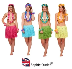 5Piece GRASS SKIRT & FLOWER GARLANDS SET Hawaiian Tropical Fancy Dress Party UK - Picture 1 of 10