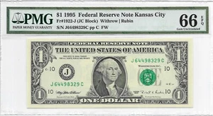 1995 $1 KANSAS CITY FRN. PMG GEM Uncirculated 66 EPQ. J/C Block. FW Print - Picture 1 of 2