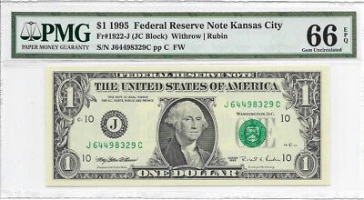 1995 $1 KANSAS CITY FRN. PMG GEM Uncirculated 66 EPQ. J/C Block. FW Print - Image 1 of 2