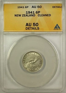 1941 New Zealand 6 Pence Coin ANACS AU 50 Details Cleaned - Picture 1 of 2
