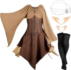 5 Pcs Medieval Fairy Costume Set Women Renaissance Dress Elf Girl Cosplay Ears S - Picture 1 of 4