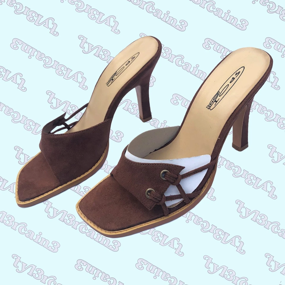 NUEVOS ZAPATOS DE TACÓN VINTAGE CASUALES DE GAMUZA IMITADA MARRÓN UK5 - ESTILO Y2K 2000 Foto 1 de 3