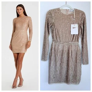 NWT Mac Duggal Women's Long Sleeved Sequined Mini Dress in Nude Size 0 - Picture 1 of 16
