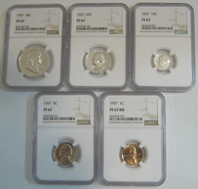 Blast White 1957 Proof Set - all 5 coins grade NGC PR67, PF67, PR 67 - Image 1 of 2