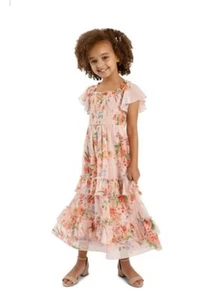 Rare Additions Floral Smocked Tiered Ruffled Chiffon Girls Maxi Dress XS 4/5 - Picture 1 of 7