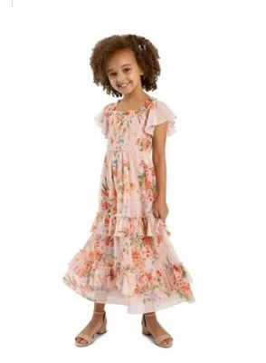 Rare Additions Floral Smocked Tiered Ruffled Chiffon Girls Maxi Dress  XS 4/5 - Image 1 of 4