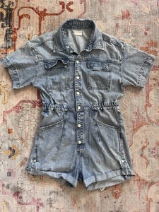 We The Free People Denim Romper Womens L Metal Button Up Boho Festival - Picture 1 of 11