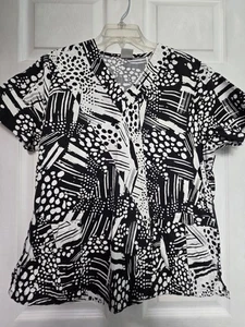 ICU By Barco Scrub Top size L-Black/White Abstract V-Neck-Chest 22.5"/L 26.5" - Picture 1 of 5