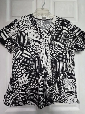 ICU By Barco Scrub Top size L-Black/White Abstract V-Neck-Chest 22.5"/L 26.5" - Image 1 of 4