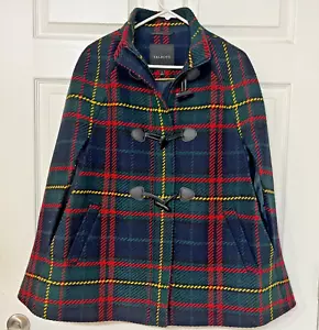 Talbots Green Red Blue Yellow Tartan Plaid Cape Wool Blend Zip With Toggles SM - Picture 1 of 4
