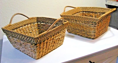 Practical Square Wicker Basket Set Of 2 Woven Rattan Multi-use  Baskets Pantry - Image 1 of 4