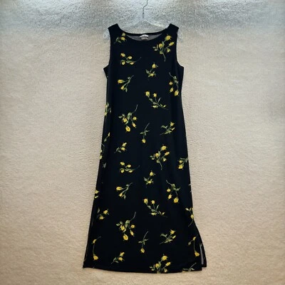 Maxi Vestido Midi Vintage Años 90 14 XL Negro Amarillo Floral Sin Mangas Funda Línea A Foto 1 de 4