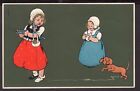 3991 GERMANY ART TWO LITTLE GIRLS WITH TIPYCAL DRESS AND DOG POSTCARD 1906
