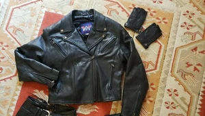 Chaqueta de Cuero Negro Vintage MOB Talla Pequeña con Guantes de Cuero XS, Punk, Motociclista - Imagen 1 de 7