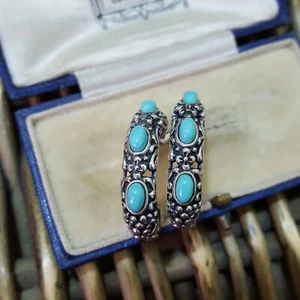 Carolyn Pollack 925 Sterling Silver Earrings, Sleeping Beauty Turquoise Hoops  - Picture 1 of 8