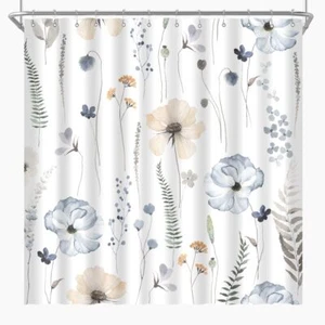 Watercolor Floral Shower Curtain Blue Yellow Flower Leaves Minimalist Wildflo... - Picture 1 of 8