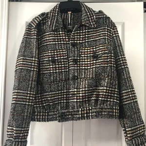 Free People Jacket M Eisenhower Slouchy Black Plaid Checked Woven Cropped - Picture 1 of 15