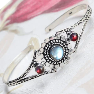 Labradorite & Garnet Gemstone 925 Sterling Silver Handcrafted Bangle For Women - Picture 1 of 7