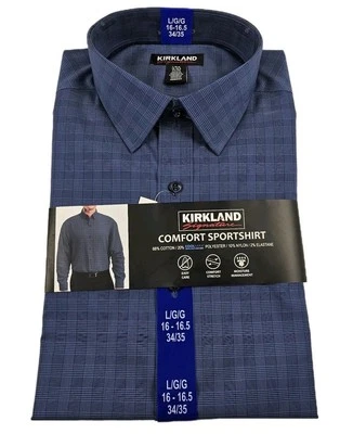 Kirkland Signature Men Comfort Sportshirt Size L Blue Dress Shirt 16-16.5, 34/35 - Image 1 of 4