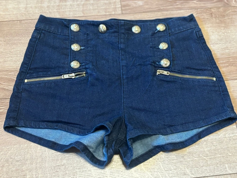 Juicy Couture Denim Mini Shorts Size S 8/10 Gold Button Up Zip Pockets & Logo - Image 1 of 4