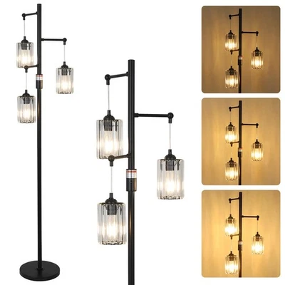 Black Modern Crystal Floor Lamp, 3 Lights Standing Lamp Dimmable, Industrial ... - Image 1 of 4