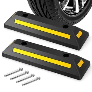 2 Pcs Rubber Curb Garage Vehicle Parking Stopper Heavy Duty w/Reflective Strip - Picture 1 of 11