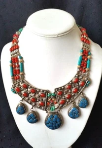 COLLAR NEPALÍ HECHO A MANO TIBETANO TURQUESA CORAL PLATEADO .925 - Imagen 1 de 2