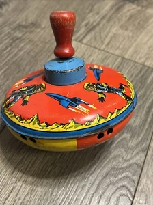 Big! VINTAGE OHIO ART TIN SPACEMAN & ROCKET SPACESHIP Spinning Top Still Works - Picture 1 of 5