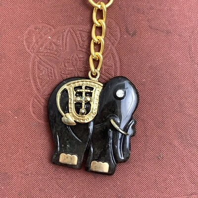 Vintage Greek Keychain Black Elephant Gold Details Crystal Eye Key Ring Handmade - Image 1 of 4