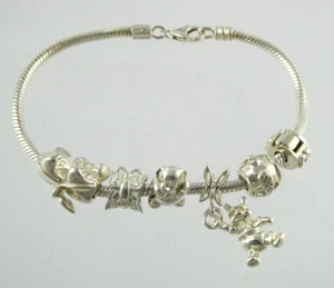 Sterling Silver Six Charm Bracelet 925 Disney Mickey Pooh 34.6g 7.75 Inch Length - Picture 1 of 24