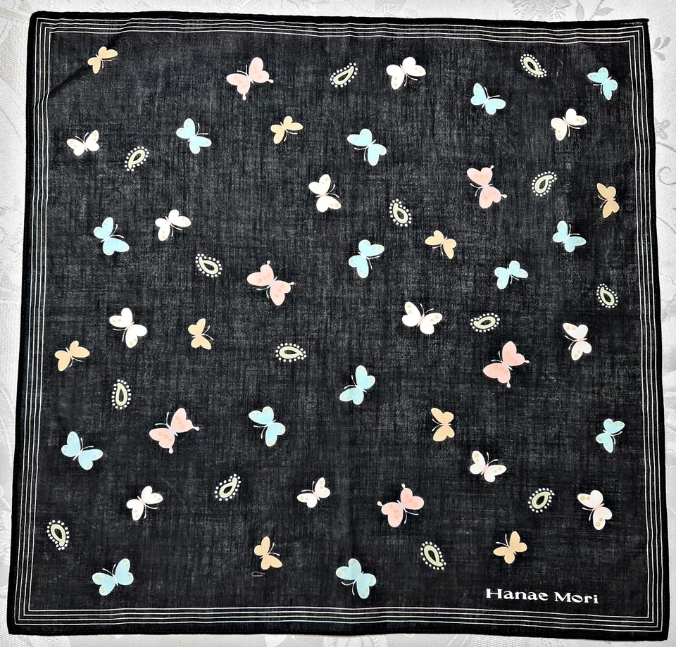 Шарф винтажный подлинный Hanae Mori бабочка черный хлопок 17 «маленький квадратный - Изображение 1 из 4