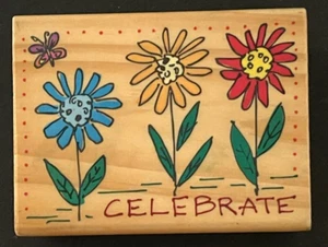 Celebrate Flowers Butterfly Frame Summer Sign Symbol Wood Rubber Stamp - Picture 1 of 2