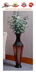 Tall Floor Vase Decorative Large Big Red Black Flower Square Embossed Metal Home - Picture 1 of 5