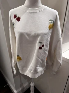 WHITE AQUA Sweatshirt Top Ivory Bloomingdales Exclusive Rare Stitched Fruit XXL - Picture 1 of 7