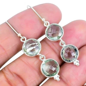 Natural Green Amethyst 925 Silver Birthday Unique Drop Dangle Boho Hook Earrings - Picture 1 of 8